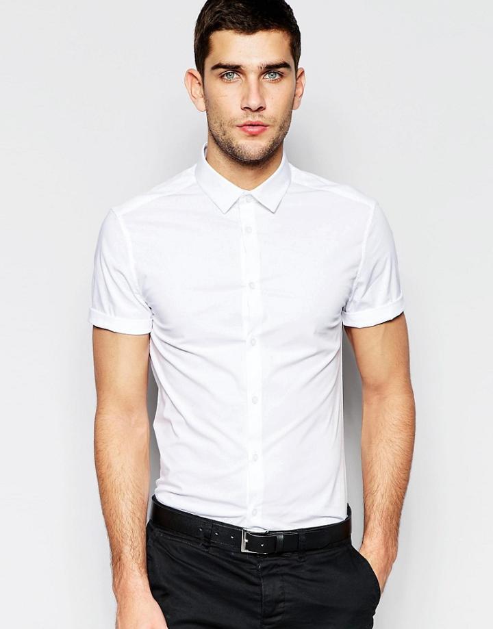 Asos Skinny Shirt With Short Sleeves In White - White