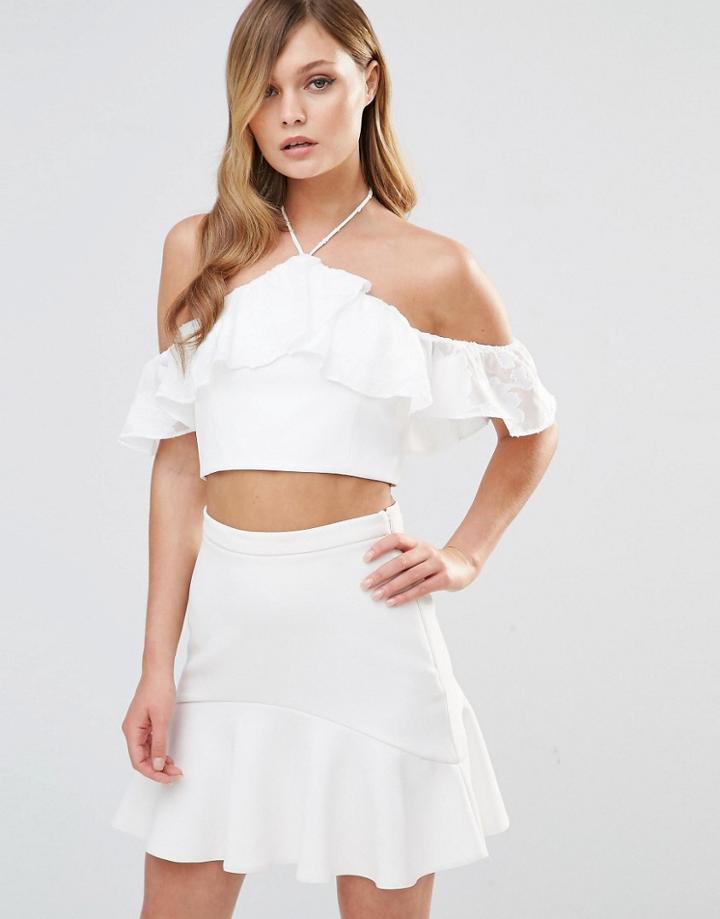 Dark Pink Off Shoulder Halter Top With Frill - White