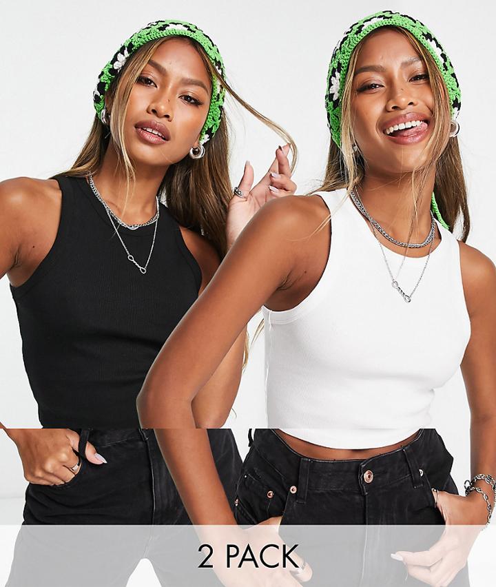 Bershka 2 Pack Ribbed Cropped Racer Tank Top In Black & White