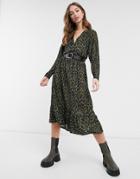 Asos Design Midi Smock Dress With V-neck In Khaki Animal Print-green