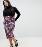 Lost Ink Plus Pencil Skirt In Tropical Print With Side Tabs - Multi