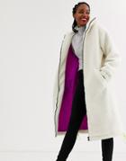 Asos Design Longline Fleece Coat With Neon Trim Detail In Cream