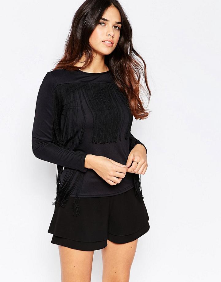 Oh My Love Long Sleeve Fringe Top - Black