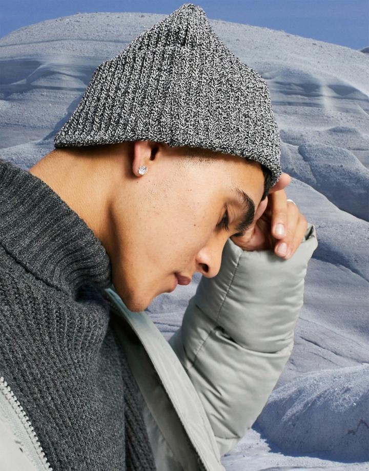 Asos Design Rib Beanie With Deep Turn Up In Gray Heather-grey