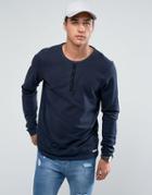 Brave Soul Plain Grandad Long Sleeve Top With Contrast Collar - Navy
