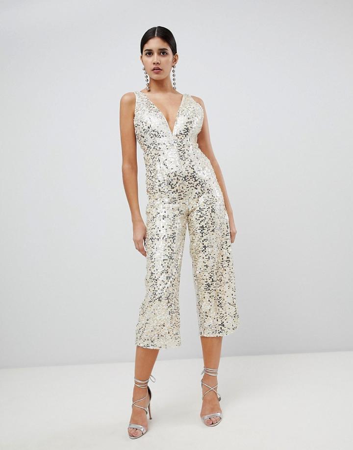 Rare Plunge Sequin Jumpsuit - Blue