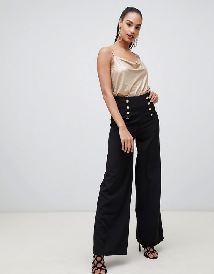 Flounce London Wide Leg Tailored Pants With Gold Button Detail-black