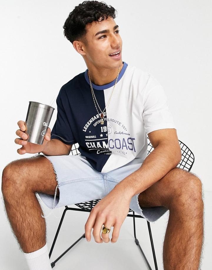 New Look Oversized Spliced Color Block T-shirt With Varsity Print In Navy