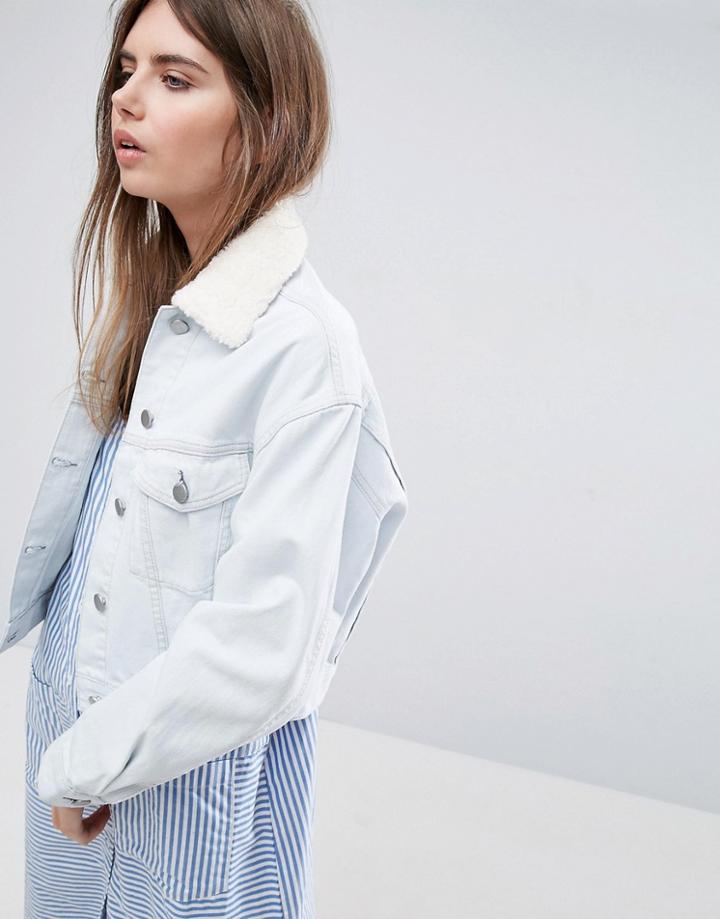 Asos Denim Jacket With Detachable Fleece Collar In Bleach Wash - Blue