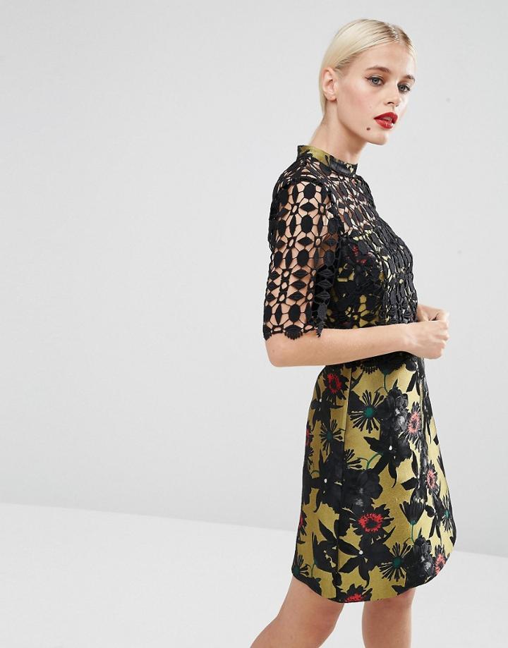 Asos A-line Dress With Jacquard & Lace Detail - Multi