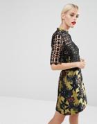Asos A-line Dress With Jacquard & Lace Detail - Multi