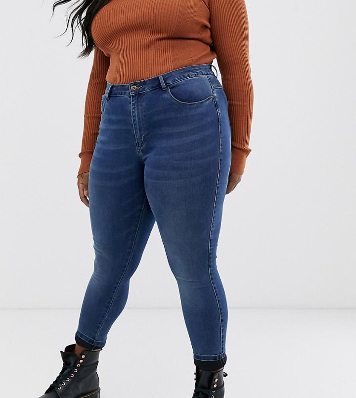 Only Curve High Waisted Skinny Jean In Mid Blue Wash - Blue