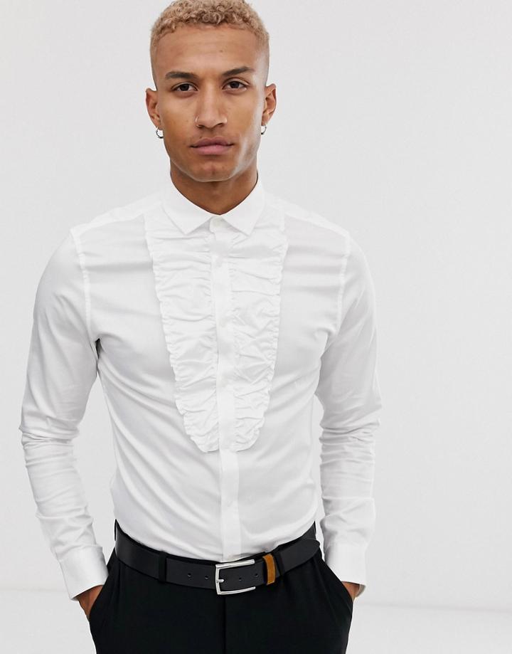 Asos Design Wedding Skinny Fit Sateen Shirt With Ruffle Front - White