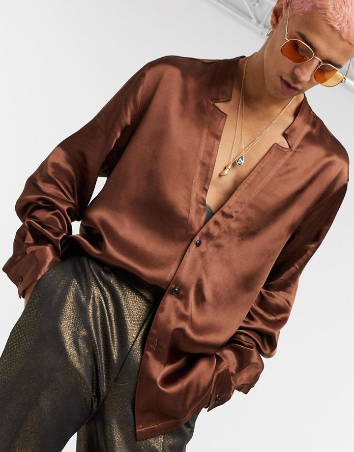 Asos Design Regular Shirt With Notch Neck Detail In Satin-brown