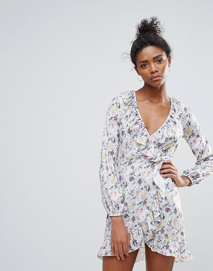 Qed London Floral Ruffle Detail Wrap Dress - Multi