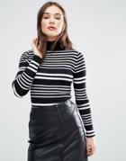 Brave Soul Striped Roll Neck Sweater - Black