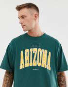 Asos Design Oversized T-shirt With City Print And Roll Sleeve In Green - Green