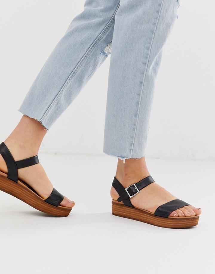 Steve Madden Aida Black Leather Wooden Flatform Sandals