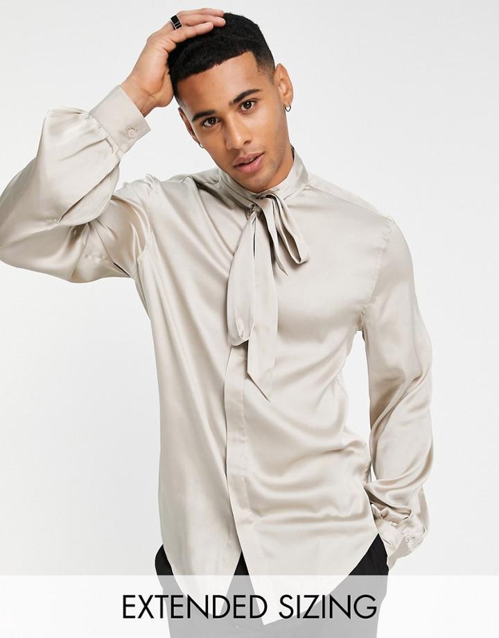 Asos Design Satin Shirt With Tie Neck And Blouson Volume Sleeves In Recycled Polyester In Champagne - Beige-neutral