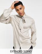 Asos Design Satin Shirt With Tie Neck And Blouson Volume Sleeves In Recycled Polyester In Champagne - Beige-neutral