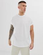 Asos Design Oversized Longline T-shirt With Crew Neck With Roll Sleeve In White - White