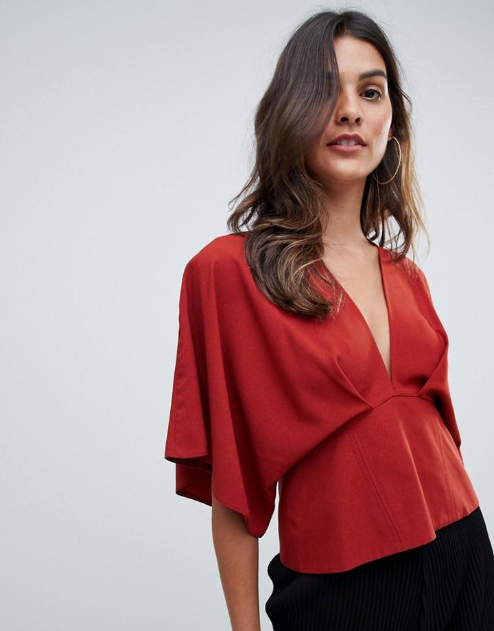 Asos Design Plunge Top With Batwing - Orange