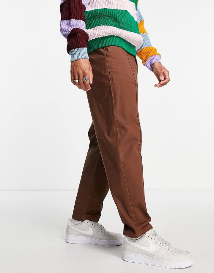 Asos Design Oversized Tapered Chinos With Pin Tuck In Brown