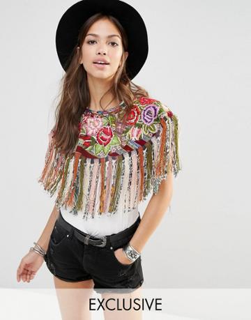Hiptipico Handmade Fringed Cape With Multicoloured Floral Embroidery - Multi