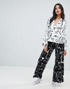 Asos Design Mono Face Print Double Breasted Shirt And Pants Pyjama Set - White