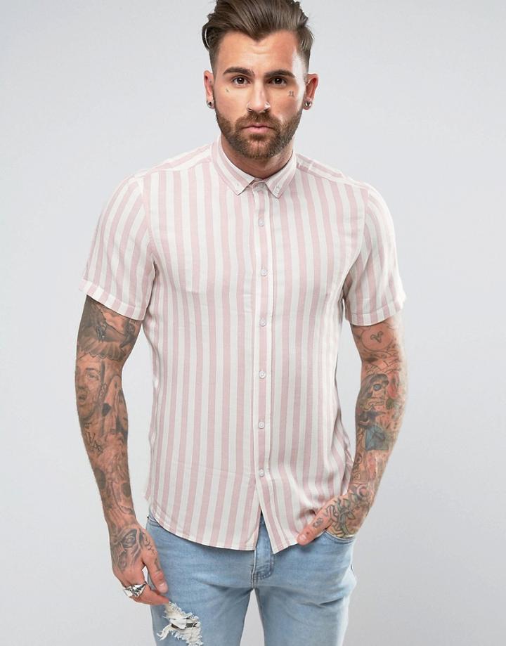 Asos Regular Fit Stripe Shirt In Pink - Pink