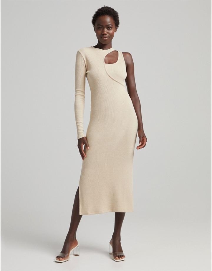 Bershka Asymetric Ribbed Midi Dress In Cream-white