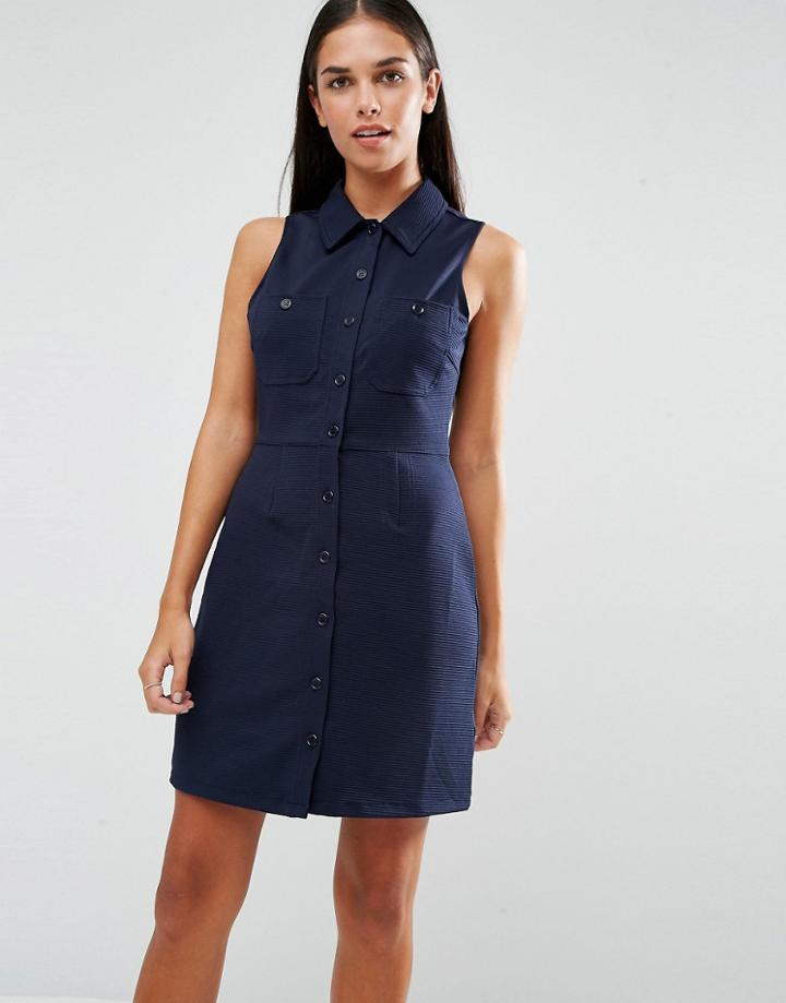 Ax Paris Ribbed Sleeveless Shirt Dress With Pocket Detail - Navy