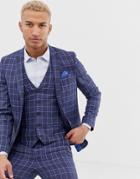 River Island Double Breasted Suit Jacket In Blue Check - Blue
