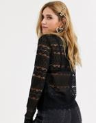 Pieces High Neck Oversized Lace Top In Black