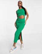 Asos Design Knit Midi Dress With Cut Out Detail-green