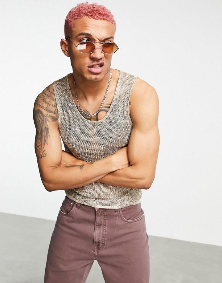 Asos Design Knitted Metallic Mesh Tank In Gold