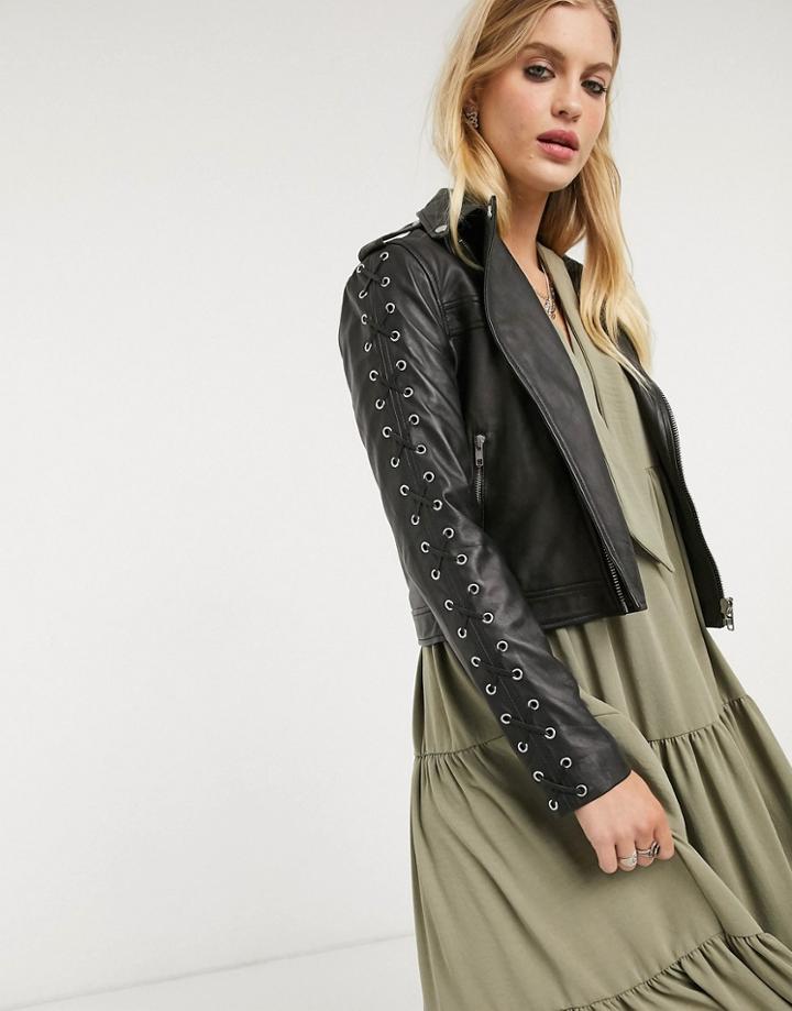 Lab Leather Lace Up Sleeve Detail Biker Jacket In Black