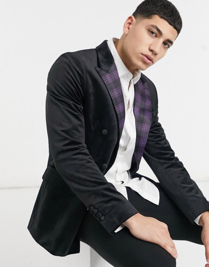 Devils Advocate Velvet Skinny Fit Contrast Collar Double Breasted Suit Jacket-black