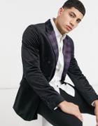 Devils Advocate Velvet Skinny Fit Contrast Collar Double Breasted Suit Jacket-black