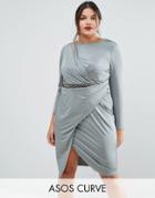 Asos Curve Slinky Midi Wrap Dress With Trim - Gray