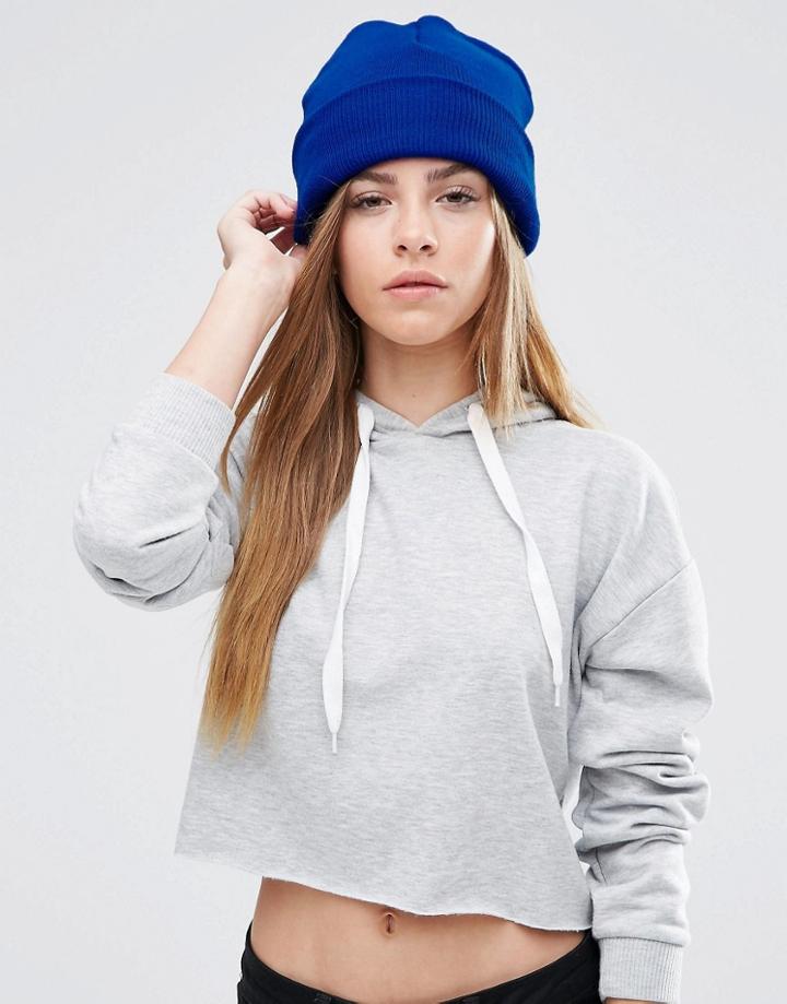 Asos Deep Turn Up Beanie In Blue - Blue