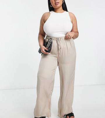 Vila Curve Wide Leg Silky Pants In Taupe-neutral