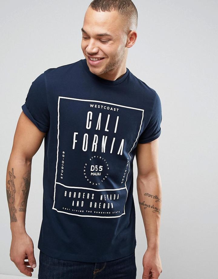 Asos Relaxed T-shirt With California Print And Rolled Sleeve - Navy