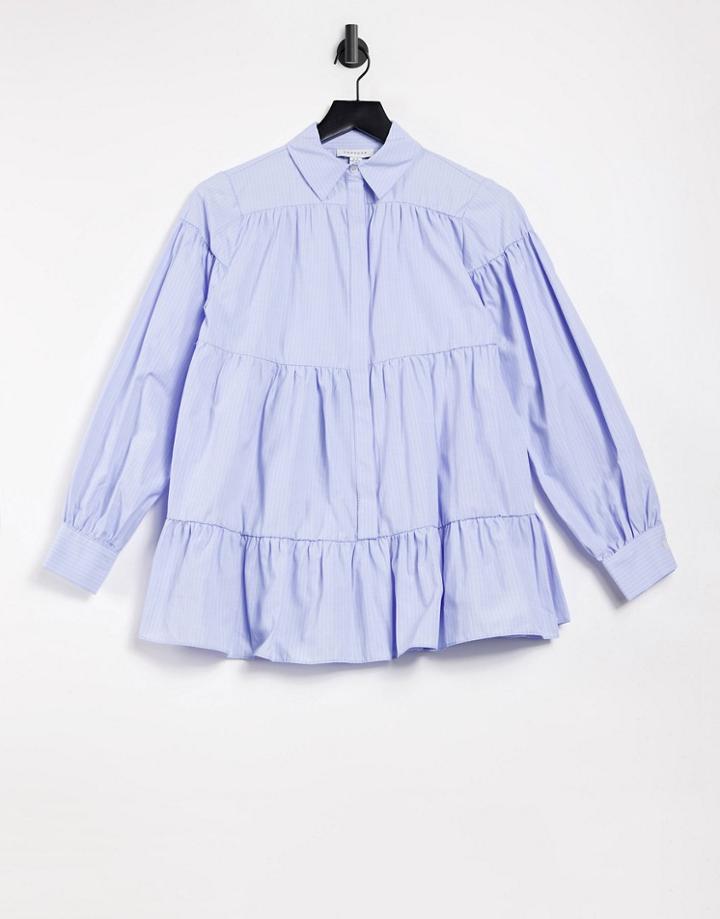 Topshop Striped Tiered Poplin Shirt In Blue-blues