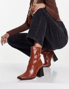 Truffle Collection Square Toe Heeled Ankle Boots In Tan Patent-white