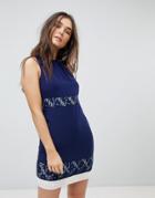 Qed London Dress With Lace Inserts - Navy