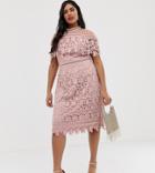 Chi Chi London Plus High Neck All Over Lace Pencil Dress In Blush Pink - Pink