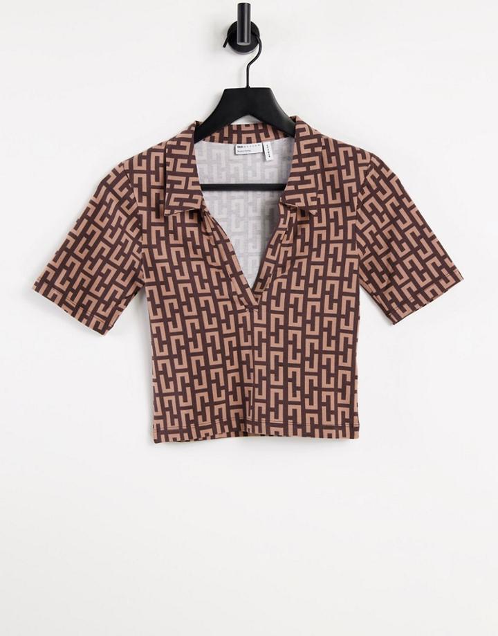 Asos Design Fitted Polo Top In Monogram Print-brown
