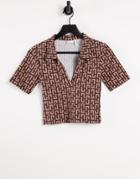 Asos Design Fitted Polo Top In Monogram Print-brown