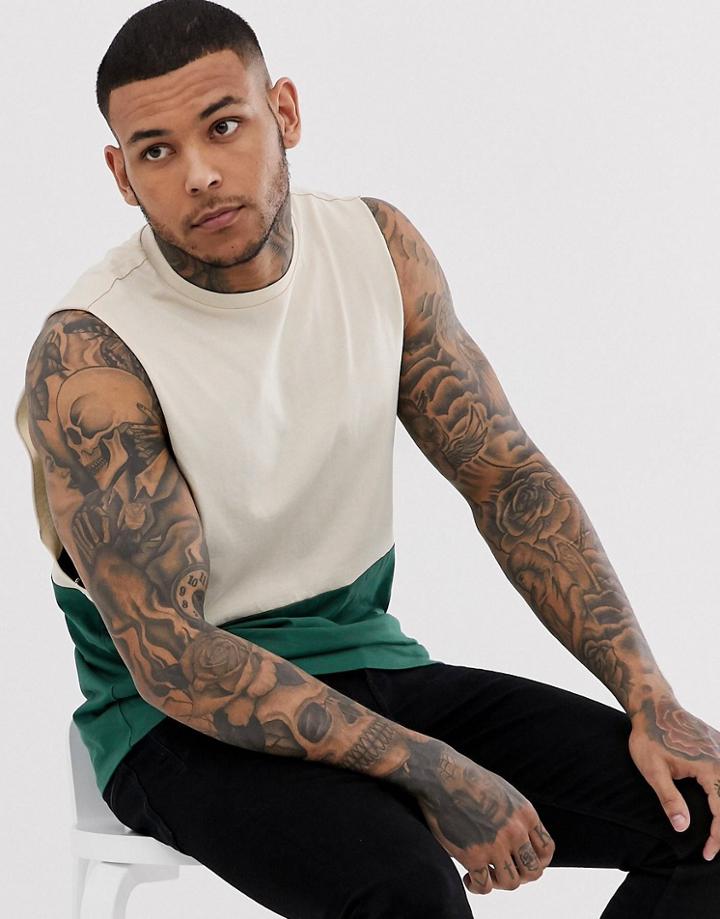 Asos Design Organic Relaxed Sleeveless T-shirt With Dropped Armhole With Contrast Yoke In Green - Green
